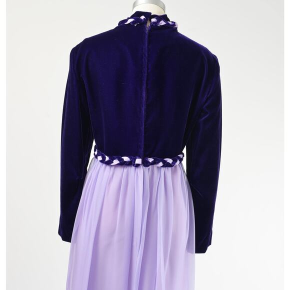 Vintage 60s Purple Formal Sheer Chiffon and Velvet Mod Retro Maxi Dress M L - Picture 7 of 9